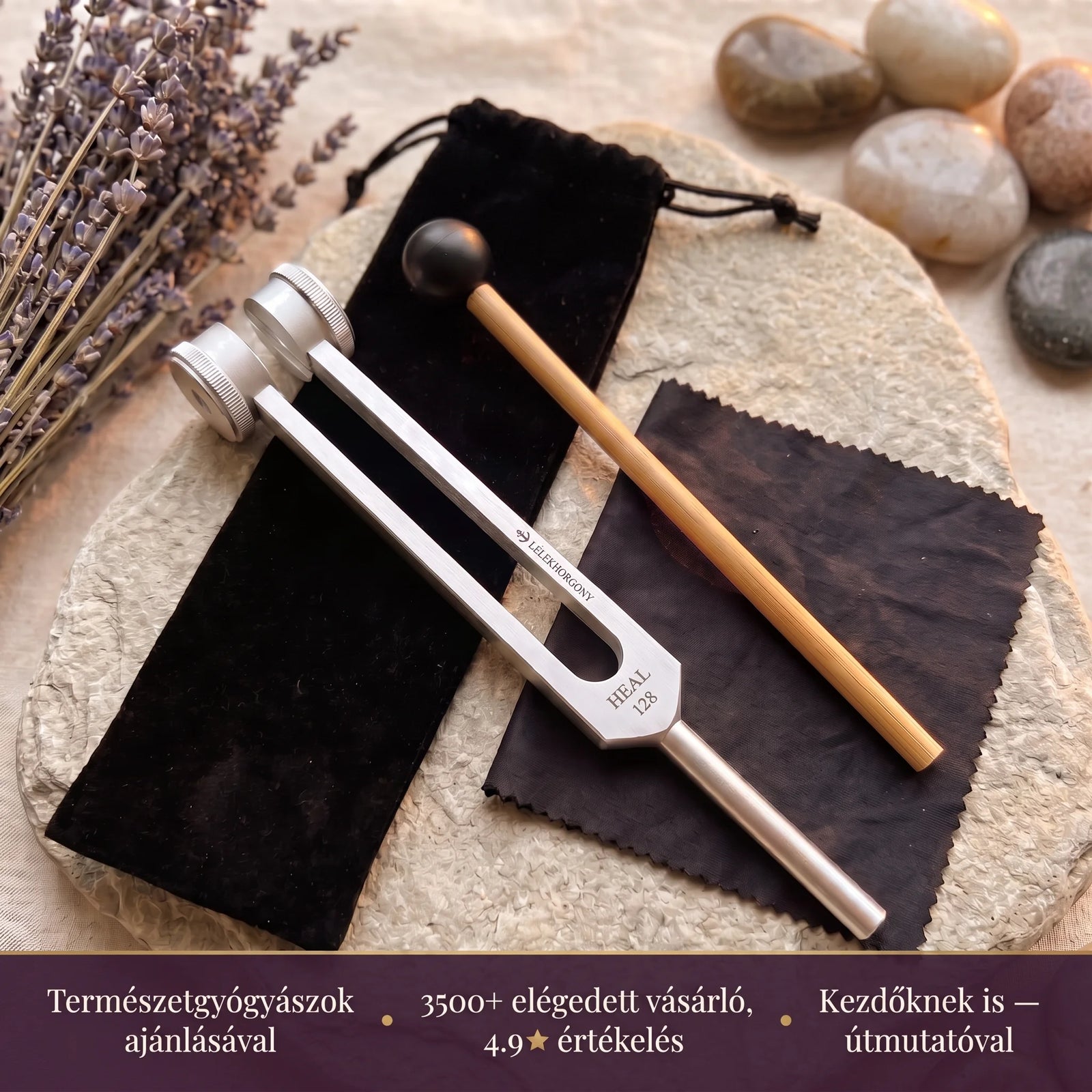 LélekHorgony HEAL 128 Hz hangvilla szett — a doboz tartalma: súlyozott hangvilla, fa ütő, bársonytasak